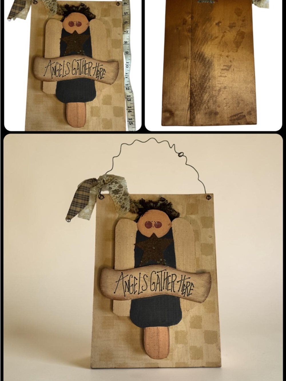 💟Handmade Folk Art Angel Wall Plaque - Neutral Tones